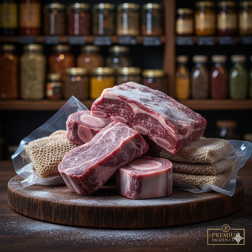 Vacuum-sealed best quality frozen beef neck and frozen beef ribs displayed at a specialty meat market.